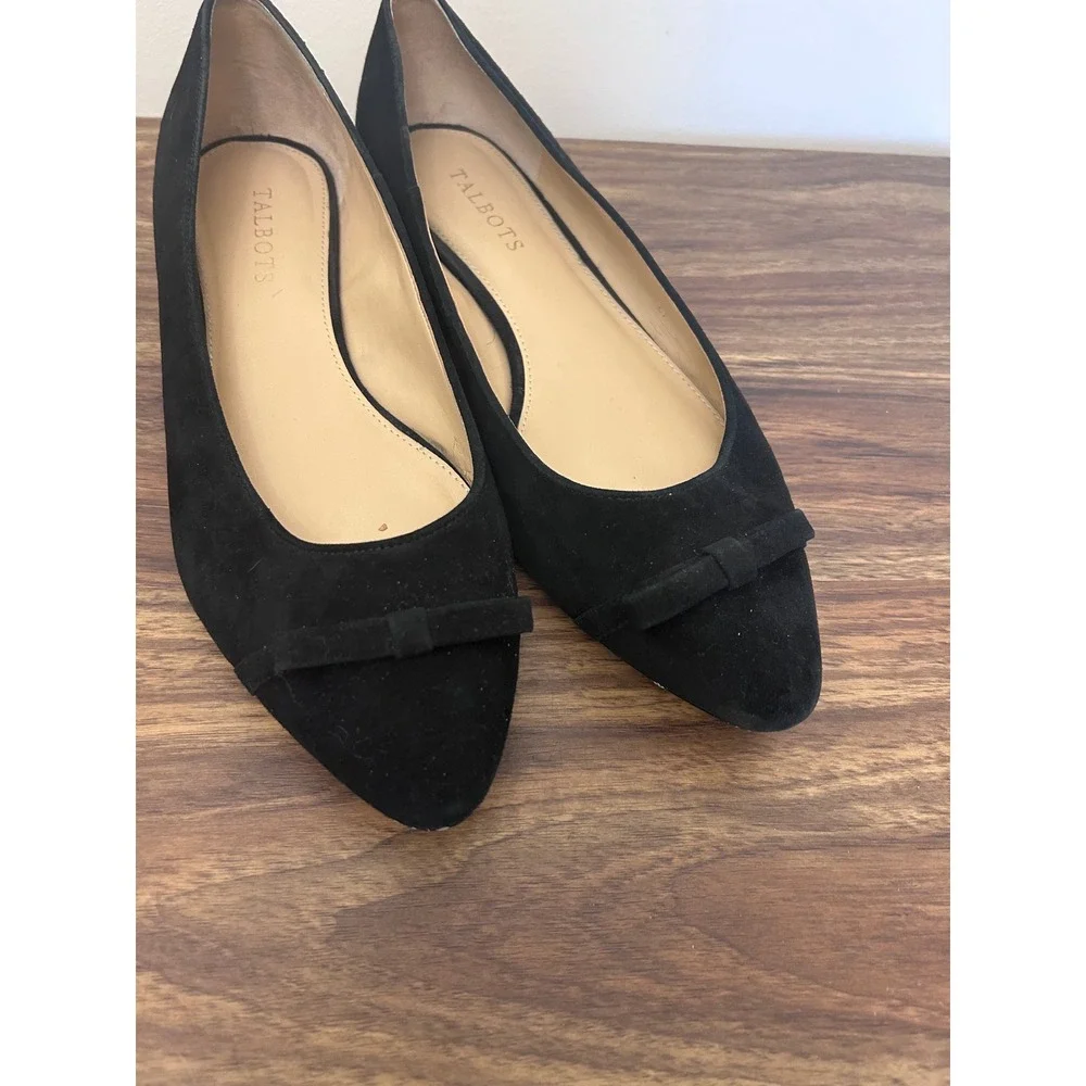 Talbots Black Suede Pointed Toe Bow Flats Womens 9.5 N Narrow Professional Shoes